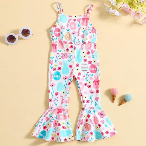 CM C&M WODRO Toddler Baby Girl Easter Bell Bottom Slip Romper Rabbit Print Sleeveless Jumpsuit Kid Cute One Piece Flare Pant in Saudi Arabia