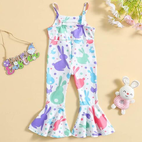 CM C&M WODRO Toddler Baby Girl Easter Bell Bottom Slip Romper Rabbit Print Sleeveless Jumpsuit Kid Cute One Piece Flare Pant in Saudi Arabia