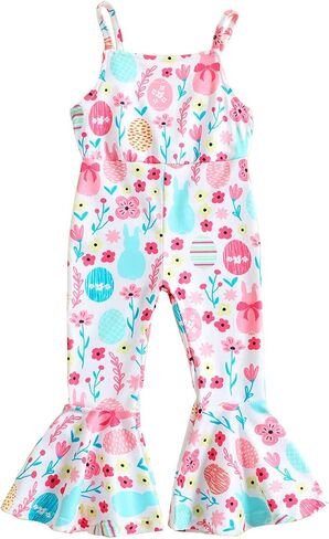 CM C&M WODRO Toddler Baby Girl Easter Bell Bottom Slip Romper Rabbit Print Sleeveless Jumpsuit Kid Cute One Piece Flare Pant in Saudi Arabia