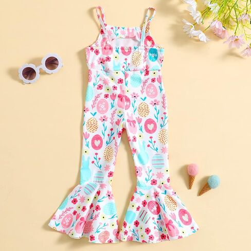 CM C&M WODRO Toddler Baby Girl Easter Bell Bottom Slip Romper Rabbit Print Sleeveless Jumpsuit Kid Cute One Piece Flare Pant in Saudi Arabia