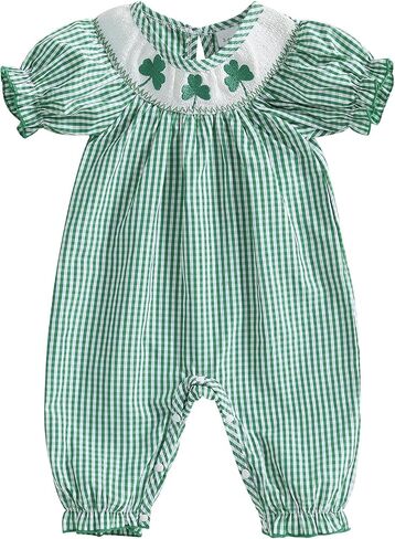 Baby Girl St Patricks Day Jumpsuit Short Sleeve Shamrock Embroidery Plaid Smocked Bubble Romper Infant Irish Clothes in Saudi Arabia