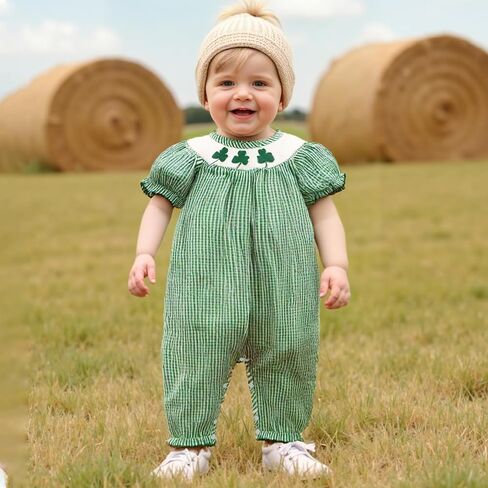 Baby Girl St Patricks Day Jumpsuit Short Sleeve Shamrock Embroidery Plaid Smocked Bubble Romper Infant Irish Clothes in Saudi Arabia