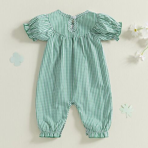 Baby Girl St Patricks Day Jumpsuit Short Sleeve Shamrock Embroidery Plaid Smocked Bubble Romper Infant Irish Clothes in Saudi Arabia