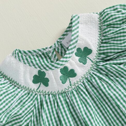 Baby Girl St Patricks Day Jumpsuit Short Sleeve Shamrock Embroidery Plaid Smocked Bubble Romper Infant Irish Clothes in Saudi Arabia
