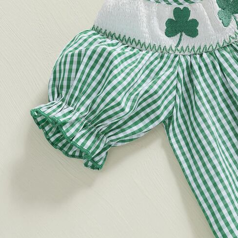 Baby Girl St Patricks Day Jumpsuit Short Sleeve Shamrock Embroidery Plaid Smocked Bubble Romper Infant Irish Clothes in Saudi Arabia