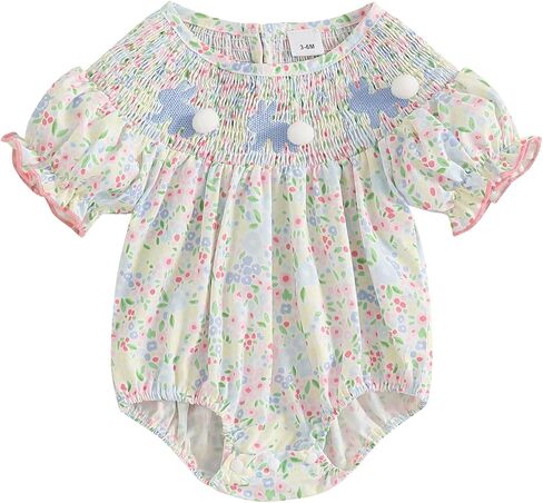 Infant Baby Girl Easter Outfit Rabbit Embroidery Floral Print Smocked Romper Short Sleeve Bunny Bodysuit in Kuwait