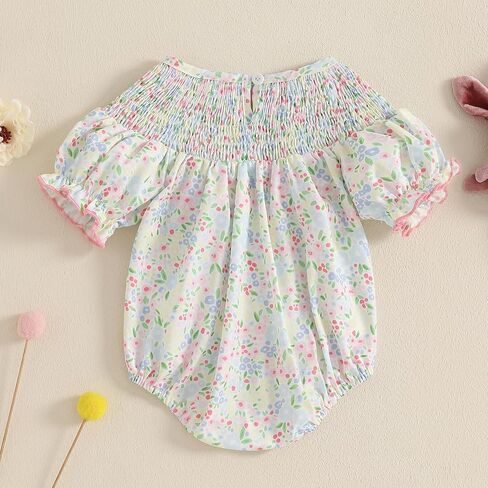 Infant Baby Girl Easter Outfit Rabbit Embroidery Floral Print Smocked Romper Short Sleeve Bunny Bodysuit in Kuwait