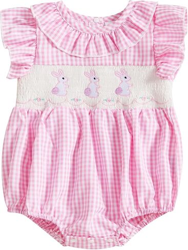 Infant Baby Girl Easter Outfit Rabbit Embroidery Floral Print Smocked Romper Short Sleeve Bunny Bodysuit in Kuwait
