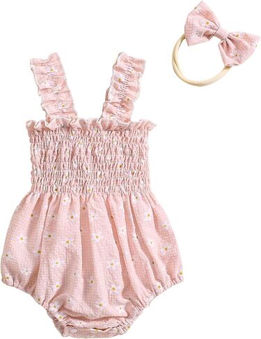 Newborn Baby Girl Clothes Floral Bunny Print Smocked Sleeveless Romper Summer Bodysuit Cute Baby Easter Outfit in Kuwait