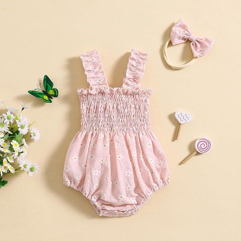 Newborn Baby Girl Clothes Floral Bunny Print Smocked Sleeveless Romper Summer Bodysuit Cute Baby Easter Outfit in Kuwait