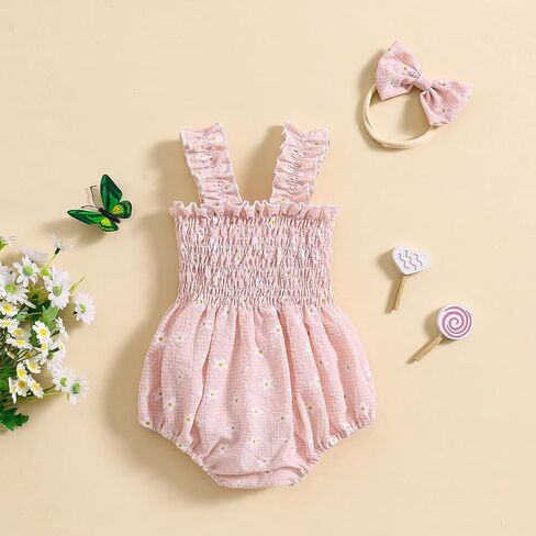 Newborn Baby Girl Clothes Floral Bunny Print Smocked Sleeveless Romper Summer Bodysuit Cute Baby Easter Outfit in Kuwait