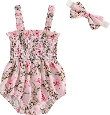 Newborn Baby Girl Clothes Floral Bunny Print Smocked Sleeveless Romper Summer Bodysuit Cute Baby Easter Outfit in Kuwait