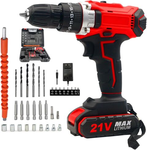 Home Rechargeable 21V Cordless Hand Drill Set, with 25 level torque and 21V 2Ah lithium-ion battery, LED light, for DIY home maintenance and repair in Saudi Arabia
