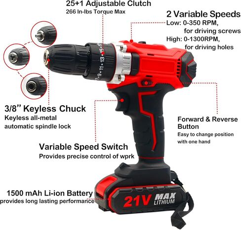 Home Rechargeable 21V Cordless Hand Drill Set, with 25 level torque and 21V 2Ah lithium-ion battery, LED light, for DIY home maintenance and repair in Saudi Arabia