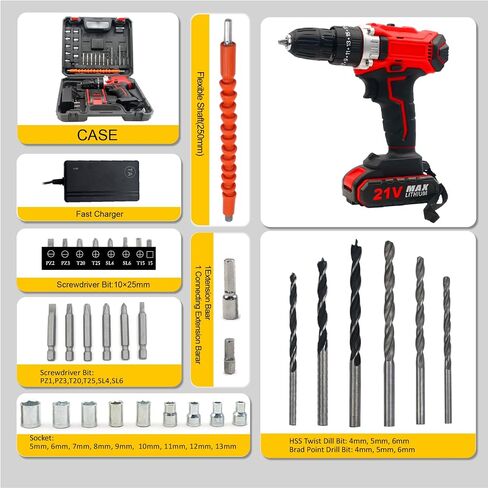 Home Rechargeable 21V Cordless Hand Drill Set, with 25 level torque and 21V 2Ah lithium-ion battery, LED light, for DIY home maintenance and repair in Saudi Arabia