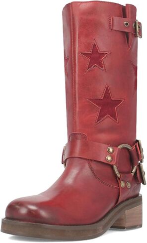 Goolita Women's Buckle Biker Knee High Boots Square Toe Chunky Heel Star Moto Mid Calf Boots Slip On Motorcycle Riding Boot in Saudi Arabia