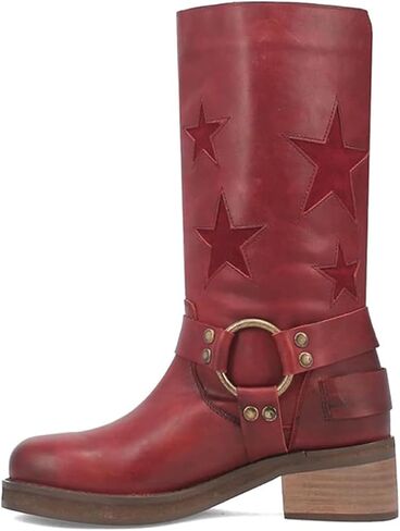 Goolita Women's Buckle Biker Knee High Boots Square Toe Chunky Heel Star Moto Mid Calf Boots Slip On Motorcycle Riding Boot in Saudi Arabia