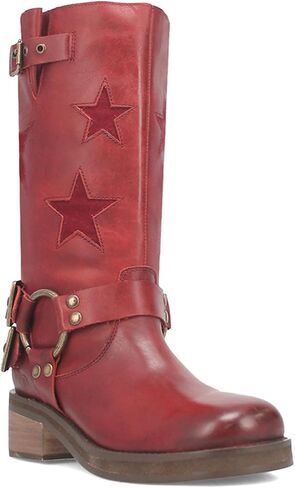 Goolita Women's Buckle Biker Knee High Boots Square Toe Chunky Heel Star Moto Mid Calf Boots Slip On Motorcycle Riding Boot in Saudi Arabia