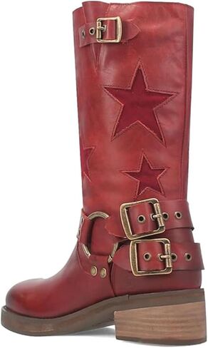 Goolita Women's Buckle Biker Knee High Boots Square Toe Chunky Heel Star Moto Mid Calf Boots Slip On Motorcycle Riding Boot in Saudi Arabia