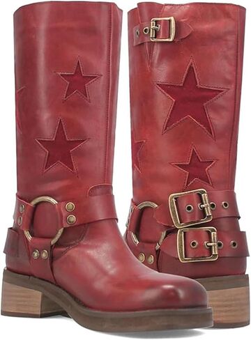 Goolita Women's Buckle Biker Knee High Boots Square Toe Chunky Heel Star Moto Mid Calf Boots Slip On Motorcycle Riding Boot in Saudi Arabia