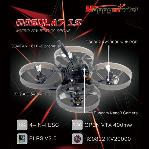 HappyModel Mobula7 1S 75mm Micro Elrs FPV Whoop Drone-5-in-1 AIO Flight Controller ، 400MW VTX ، RS0802 Motors ، RunCAM Nano3 ، و Expresslrs 2.0 for Ultimate Performance in Kuwait