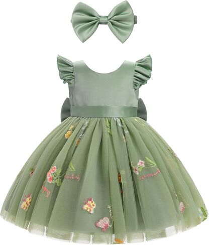 IBTOM CASTLE Baby Flower Girl Dress Satin Floral Embroidered Tulle Tutu Dress Infant Pageant Birthday Formal Party Dress in Kuwait