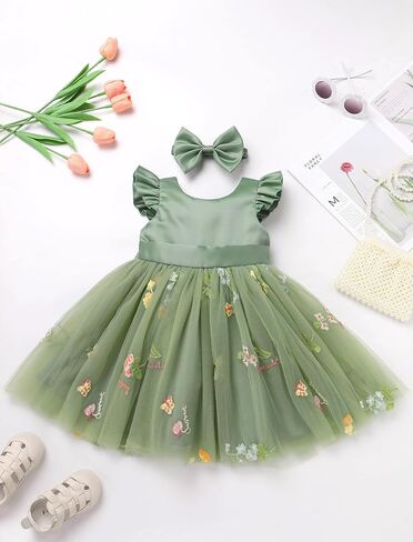 IBTOM CASTLE Baby Flower Girl Dress Satin Floral Embroidered Tulle Tutu Dress Infant Pageant Birthday Formal Party Dress in Kuwait