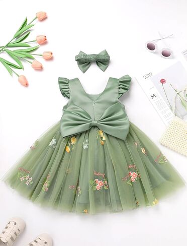 IBTOM CASTLE Baby Flower Girl Dress Satin Floral Embroidered Tulle Tutu Dress Infant Pageant Birthday Formal Party Dress in Kuwait