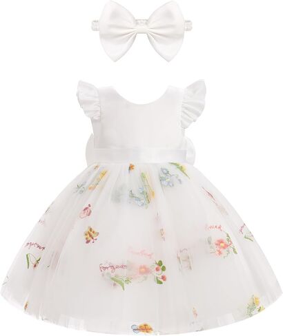 IBTOM CASTLE Baby Flower Girl Dress Satin Floral Embroidered Tulle Tutu Dress Infant Pageant Birthday Formal Party Dress in Kuwait