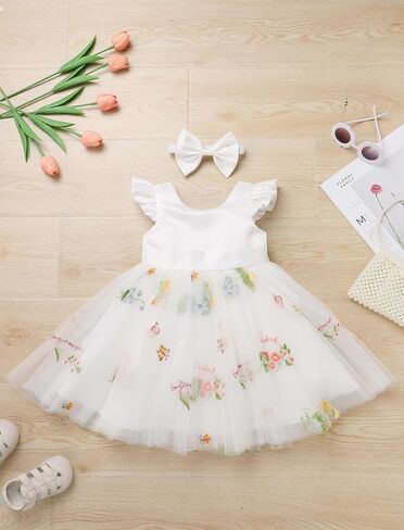 IBTOM CASTLE Baby Flower Girl Dress Satin Floral Embroidered Tulle Tutu Dress Infant Pageant Birthday Formal Party Dress in Kuwait