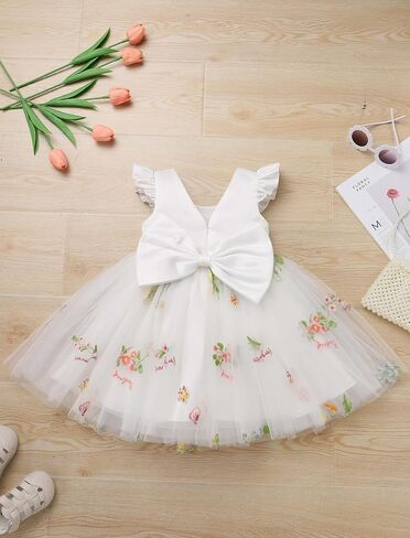 IBTOM CASTLE Baby Flower Girl Dress Satin Floral Embroidered Tulle Tutu Dress Infant Pageant Birthday Formal Party Dress in Kuwait