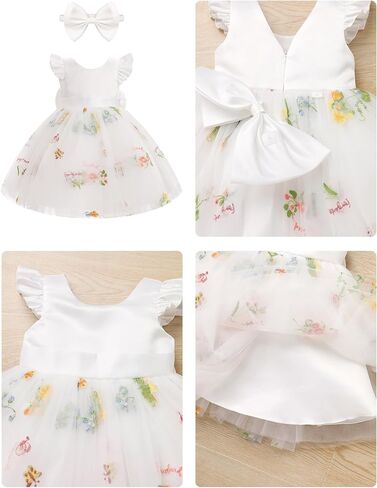IBTOM CASTLE Baby Flower Girl Dress Satin Floral Embroidered Tulle Tutu Dress Infant Pageant Birthday Formal Party Dress in Kuwait