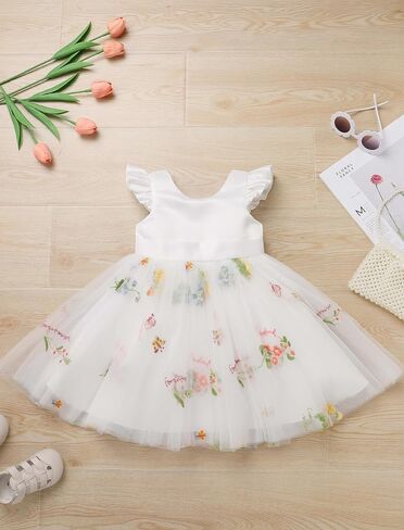 IBTOM CASTLE Baby Flower Girl Dress Satin Floral Embroidered Tulle Tutu Dress Infant Pageant Birthday Formal Party Dress in Kuwait