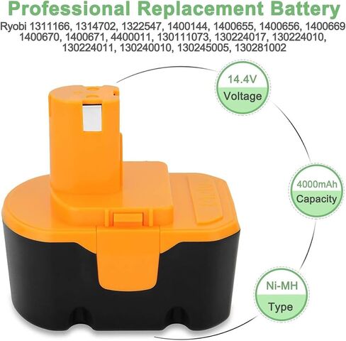 4000mAh Battery Compatible with Ryobi 14.4V Battery 1314702 130224010 130224011 130281002 1400144 1400655 1400656 1400669 HP1441 HP1441M HP1441MK2 HP1442M Ni-MH Battery in Saudi Arabia