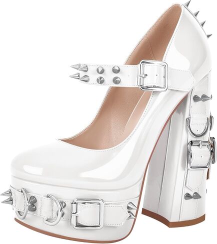 richealnini Women's Mary Jane Platform Pumps with Rivets Sexy Adjustable Ankle Buckle Up Block Heels in Saudi Arabia