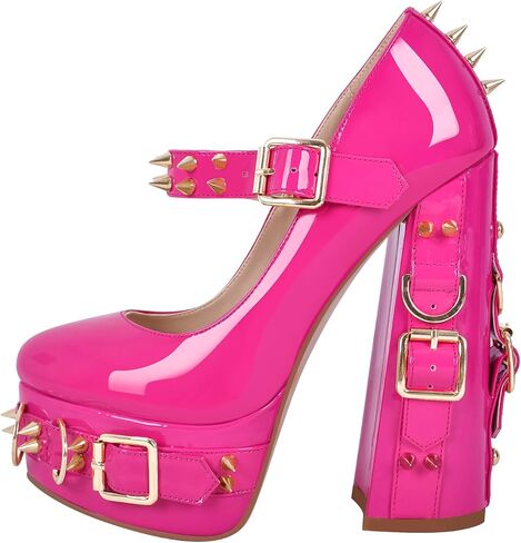 richealnini Women's Mary Jane Platform Pumps with Rivets Sexy Adjustable Ankle Buckle Up Block Heels in Saudi Arabia