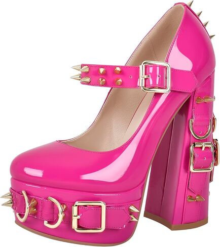 richealnini Women's Mary Jane Platform Pumps with Rivets Sexy Adjustable Ankle Buckle Up Block Heels in Saudi Arabia