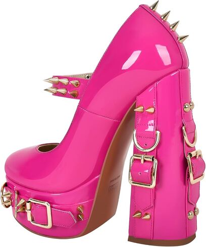richealnini Women's Mary Jane Platform Pumps with Rivets Sexy Adjustable Ankle Buckle Up Block Heels in Saudi Arabia