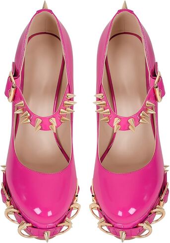 richealnini Women's Mary Jane Platform Pumps with Rivets Sexy Adjustable Ankle Buckle Up Block Heels in Saudi Arabia