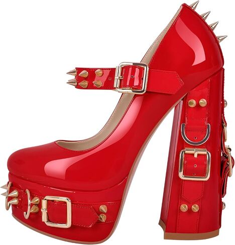 richealnini Women's Mary Jane Platform Pumps with Rivets Sexy Adjustable Ankle Buckle Up Block Heels in Saudi Arabia