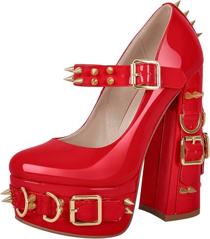 richealnini Women's Mary Jane Platform Pumps with Rivets Sexy Adjustable Ankle Buckle Up Block Heels in Saudi Arabia