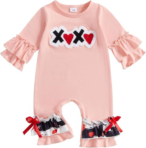 Baby Girls Valentine's Day Rompers Long Sleeve Heart Print Layered Ruffle Jumpsuit My Firist Valentines Day Outfit in Saudi Arabia