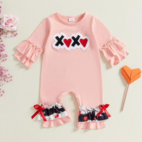 Baby Girls Valentine's Day Rompers Long Sleeve Heart Print Layered Ruffle Jumpsuit My Firist Valentines Day Outfit in Saudi Arabia