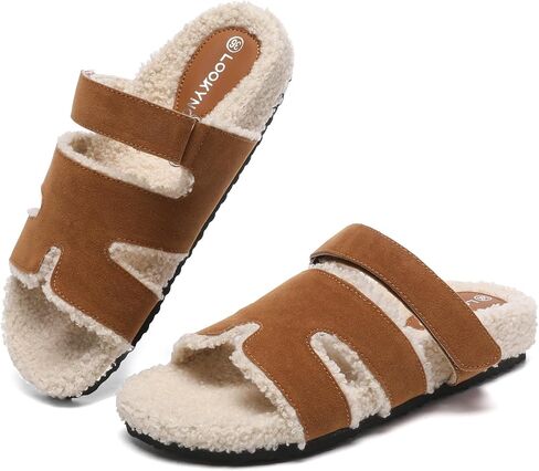 Slippers for Women Adjustable House Slippers Faux Shearling Fuzzy Slide Sandals with Cozy Lined, Fluffy H slippers House Shoes Indoor and Outdoor in Saudi Arabia