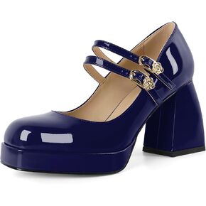 AUMOTED Women's Chunky Heels Platform Mary Janes Shoes Square Toe Pumps Patent Leather Block High Heel Dress Shoes 3.5 Inch