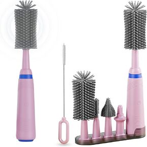 Electric Baby Bottle Brush Cleaner with Drying Rack,Electric Silicone Bottle Brush Set with Nipple/Straw Brush,Easy-Grip Silicone Handle,Rechargeable/Extendable/Waterproof Spinning Bottle Brush,Pink