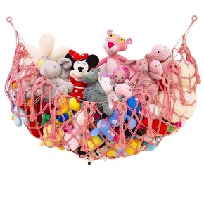 MAKEONEWO Large Stuffed Animal Net or Hammock For Flat Wall Plush Storage Handmade Macrame Toy Mesh Organizer Display Toys Holder Boho Decor Nursery Playroom Bedroom Kids Room-Pink, 63