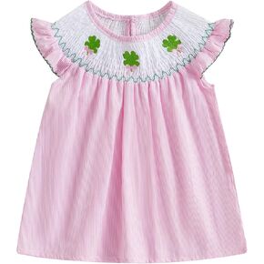 Toddler Girl St Patrick’s Day Dress Seersucker Outfit Flutter Sleeve Clover Bow Embroidery Smocked Dresses Outfit