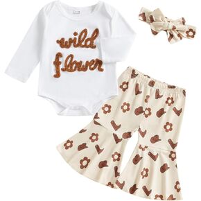 Chloefairy Newborn Baby Girl Clothes Fall Wild Flower Romper Wildflower Bell Bottom Outfit Western Flare Pants Set Headband