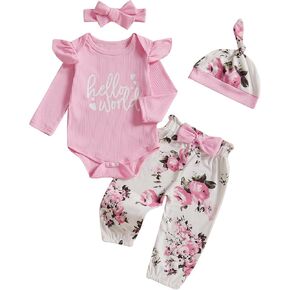 Newborn Girl Going Home Outfit Baby Preemie Hello World Ribbed Romper Top Floral Pants Set Leaving Hospital Clothes
